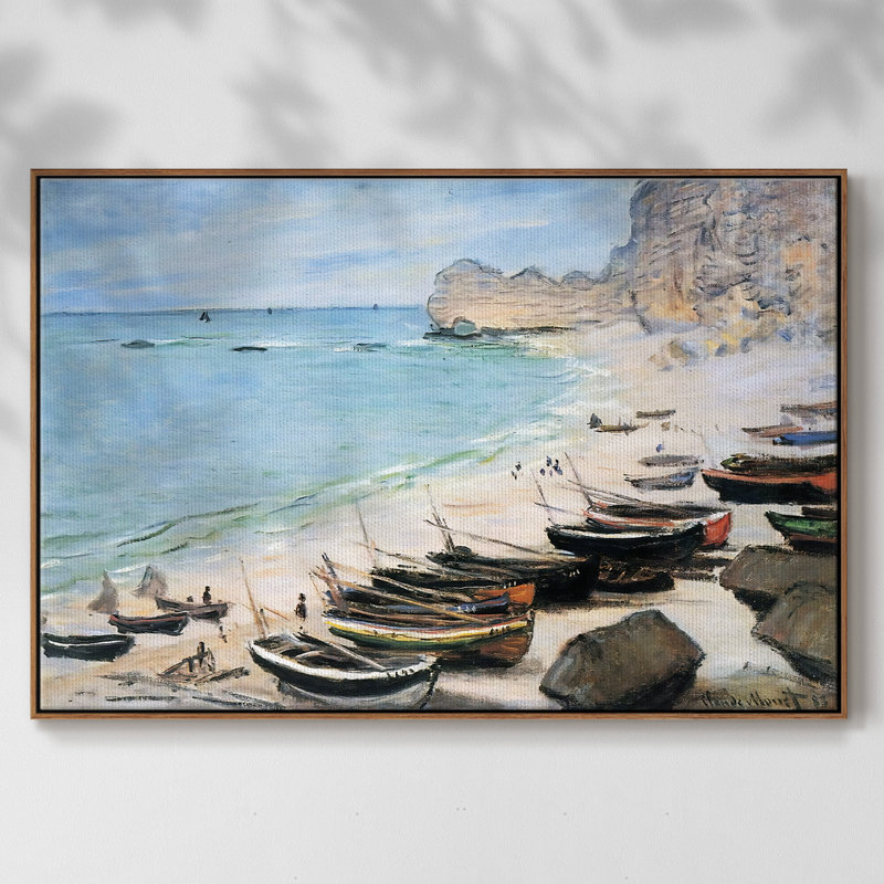 Bateaux sur la plage à Etretat, 1883, reproduction d'art sur toile, H 27 po x l 41 po x P 2 po, Noyer