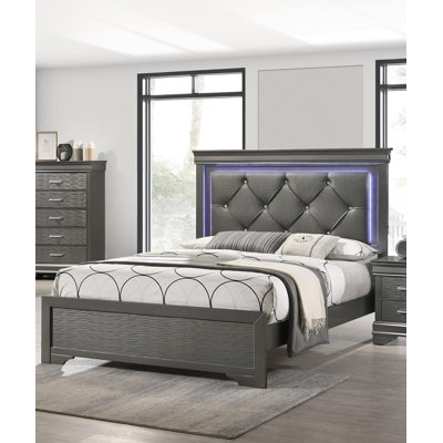 Tête de lit capitonnée en similicuir gris foncé 1pc très grand lit avec meubles de chambre à coucher à DEL gris et bois massif FB