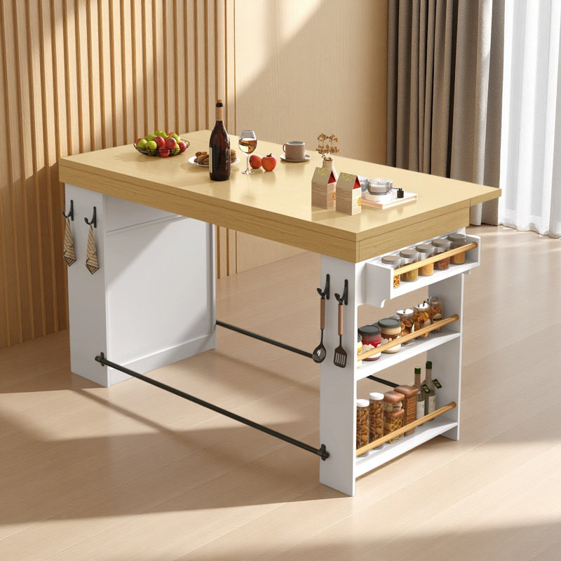 Table de bar rectangulaire de 150 cm avec abattant, table de comptoir avec repose-pieds en métal, table de bar avec tablette réglable à 3 niveaux et 3 tablettes latérales ouvertes.