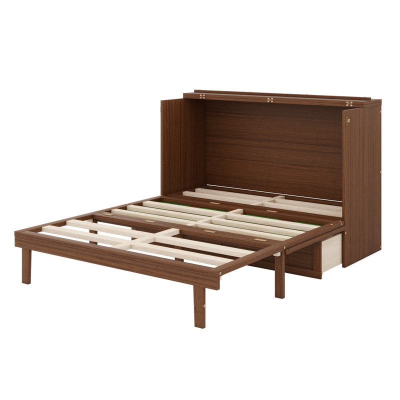 Lit escamotable, lit armoire en bois avec centrale électrique et panneau de décoration en rotin, Noyer