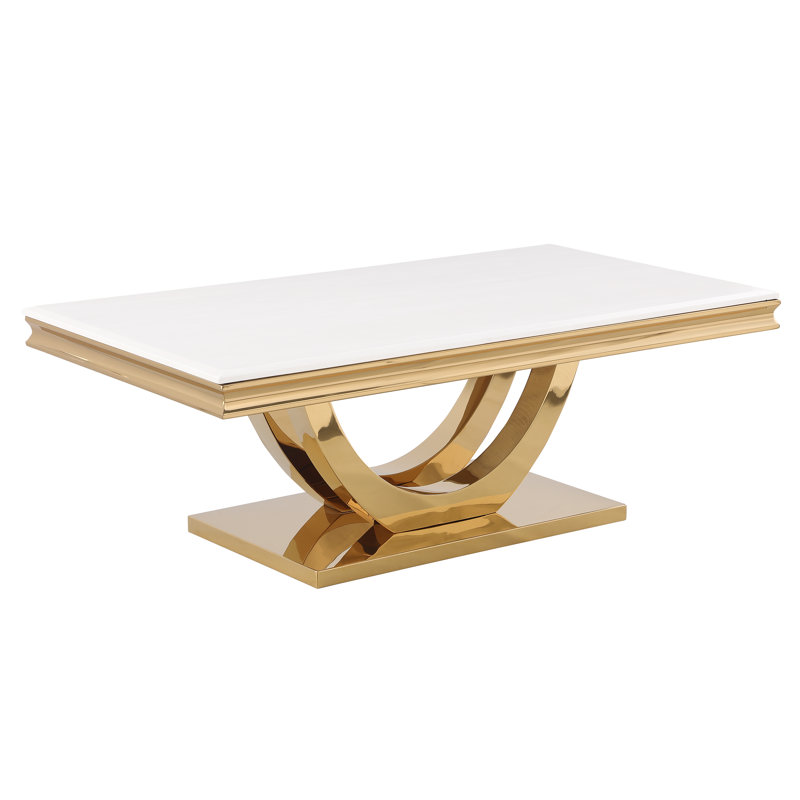 Rectangular White Marble Coffee Table with Gold Metal Base