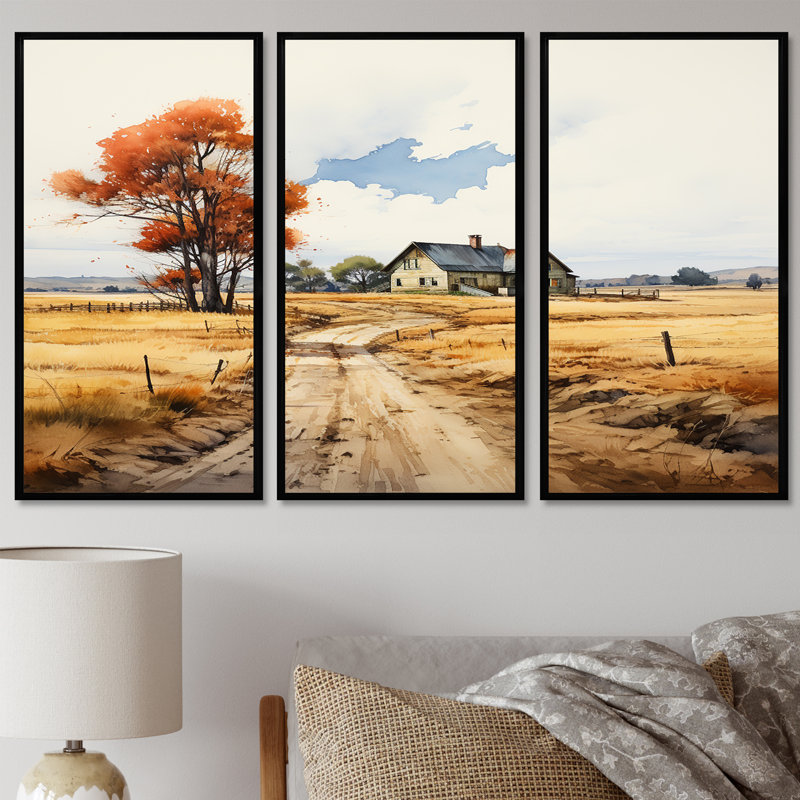 Maison de campagne en automne Wheatfield II - ensemble d'art mural paysage, Cadre flottant noir, H 40 po x l 60 po x P 1 po