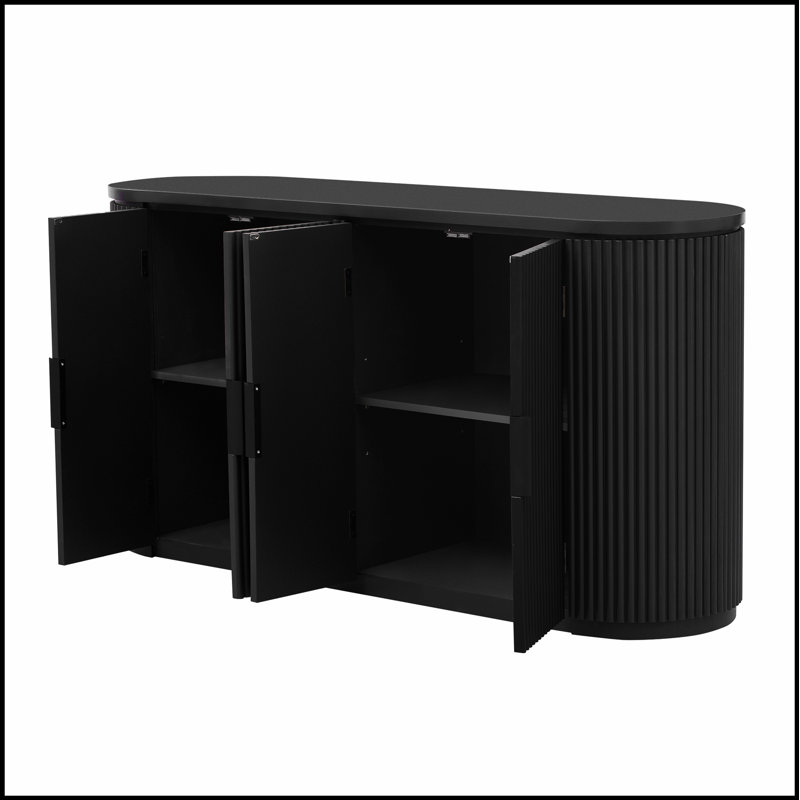 Vertical Striped Door Storage Cabinet with Metal Handles, Adjustable, Black