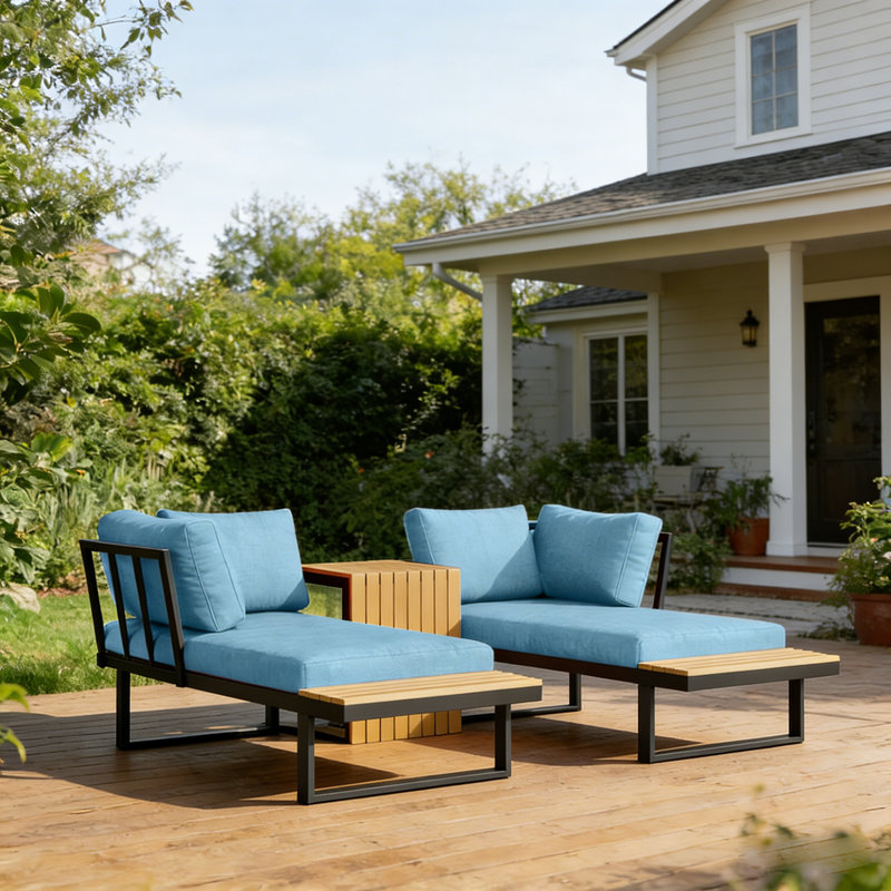  Ensemble de canapé modulaire d'extérieur Hubhalsun avec détails en teck, ensemble de conversation en forme de L avec coussins épais et table basse, mobilier de patio en métal résistant aux intempéries pour la cour, la terrasse et le porche.