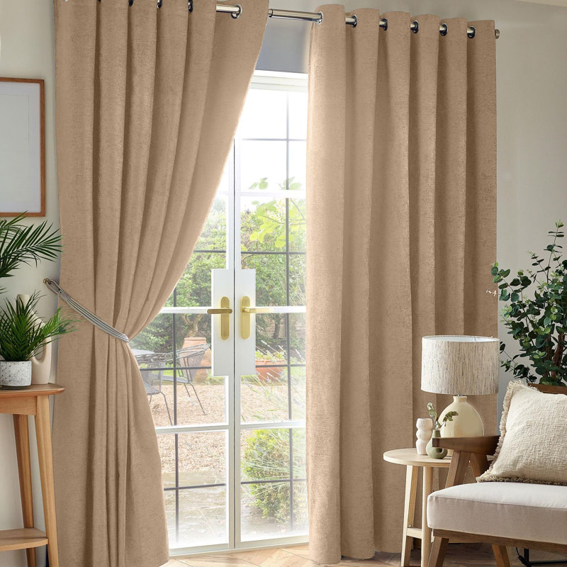 Eilfried Chenille Ring Top Eyelet Curtains, Beige, 168cm Width x 183cm Drop