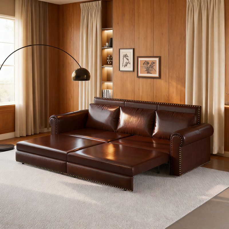 Dark Brown Chesterfield Sofa Bed - 93.8" King 3-In-1 Faux Leather Sleeper With Nailhead Trim