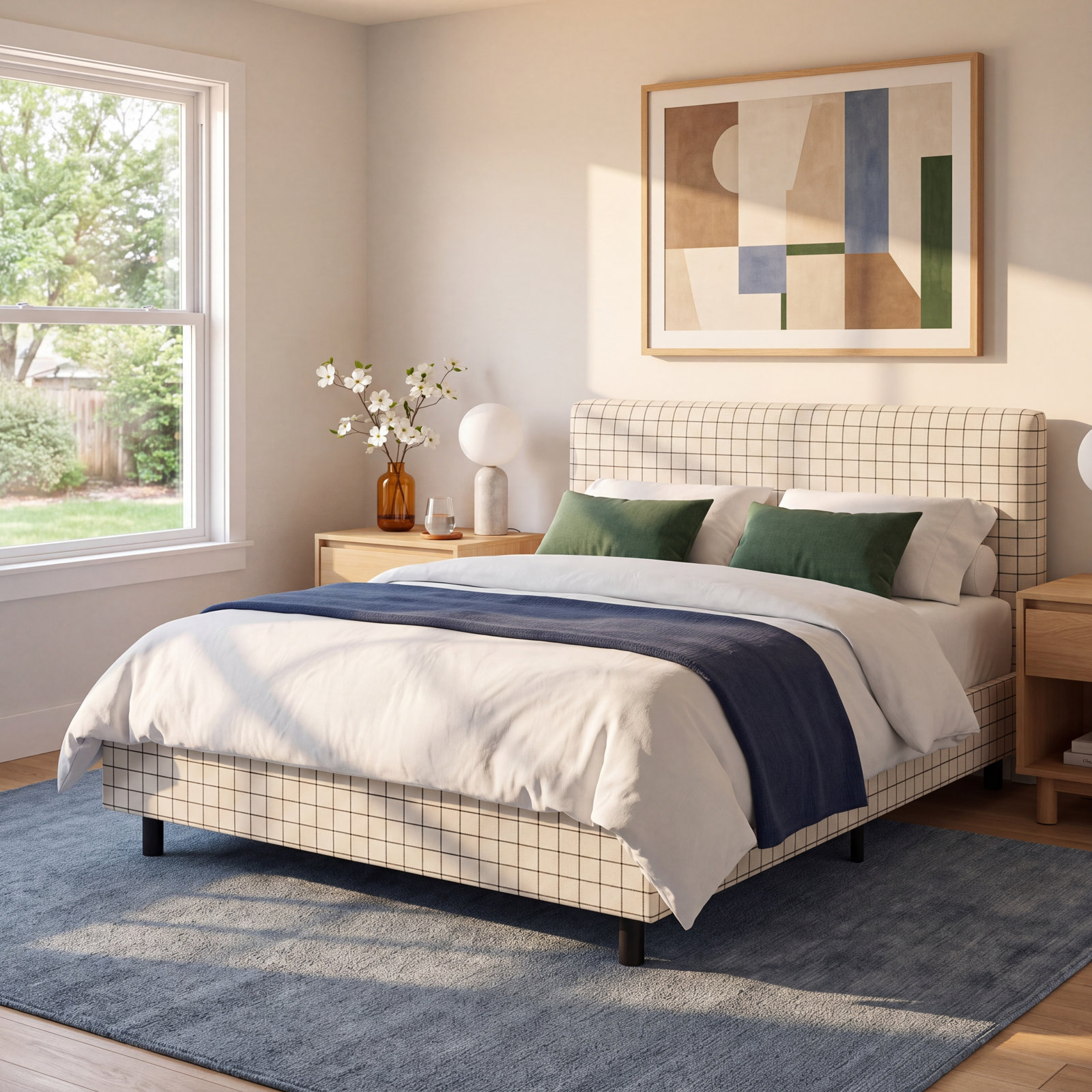 Avila Cotton Upholstered Bed, Twin, Evelyn Natural Asbtract