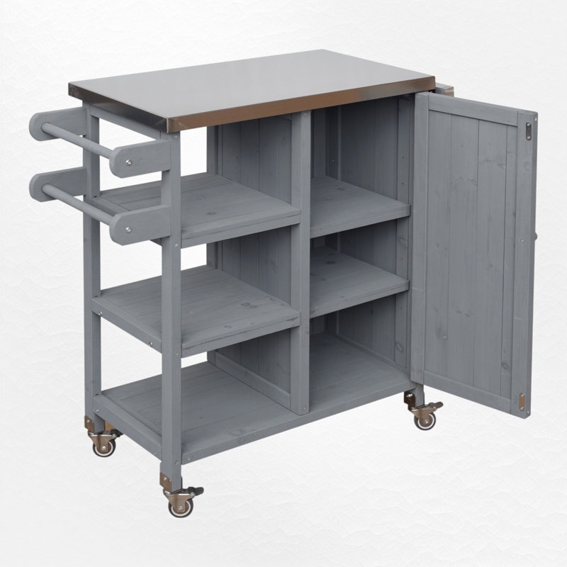 Chariot en bois pour îlot de cuisine avec plateau en acier inoxydable, table d'appoint pliable, roues verrouillables, station de préparation pour patio roulant