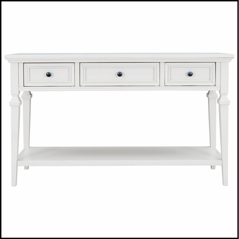 Console classique de style rétro classique avec trois tiroirs supérieurs et une tablette inférieure ouverte, facile à assembler, blanc antique