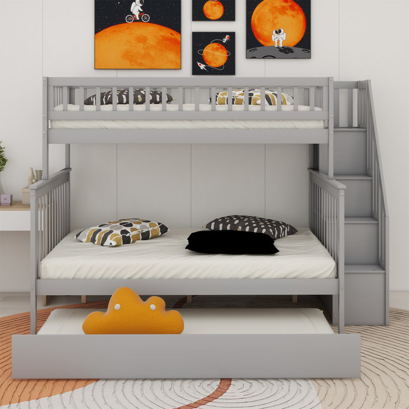 Bunk Bed With Trundle, Gray, Twin over Full