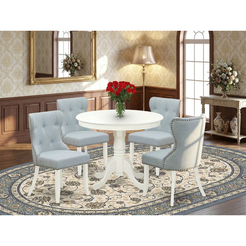 L'ensemble de mobilier de salle à manger 5 pièces comprend une table ronde avec piédestal et 4 chaises rembourrées en tissu bleu lin, 36 x 36 pouces, blanc lin