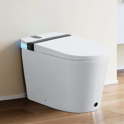 Toilette intelligente avec siège de bidet intégré, capteur de pied à ouverture / fermeture automatique, affichage DEL, nuit, eau chaude et sécheuse, lampe rotative, toilette à poignée latérale en céramique blanche moderne, profondeur de 26,84 po,