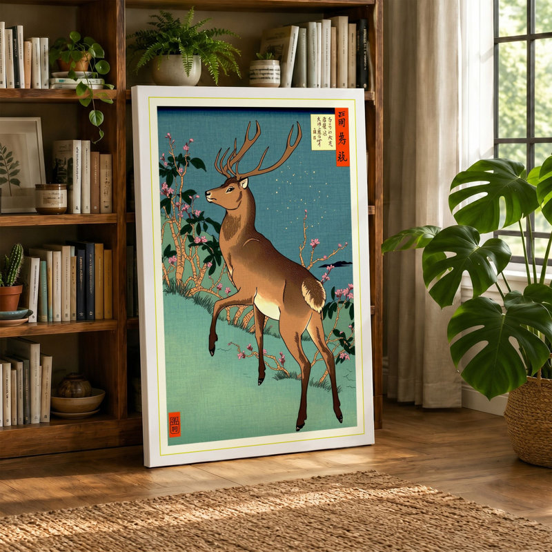 Leaping Deer Japandi - Wrapped Canvas, 30x20 - 76.2 x 50.8 cm, Sage Border