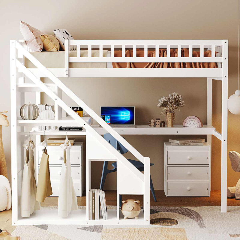 Lit mezzanine en bois avec tiroirs, bureau et bande lumineuse pour adolescents, Blanc, Lit simple