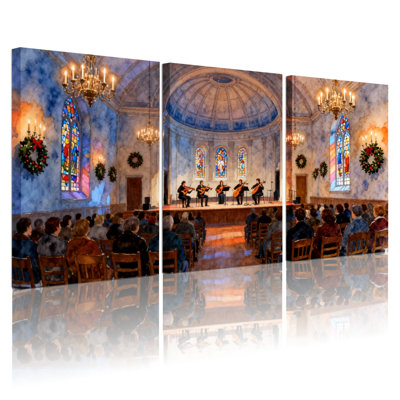 Christmas Church Interior With Musicians And Stained Glass Set of 3 Canvas Wall Art Prints