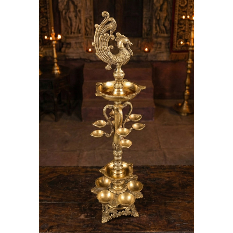Grande lampe sur pied en forme de paon en laiton 28 po - Diya à l'huile multi-mèche traditionnelle indienne pour le vestibule, la chambre Pooja et les Fêtes