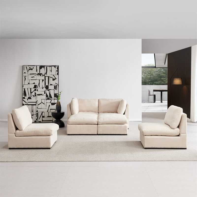 Canapé modulaire avec repose-pieds, rembourré de duvet, tissu doux, canapé modulaire, Polyester beige