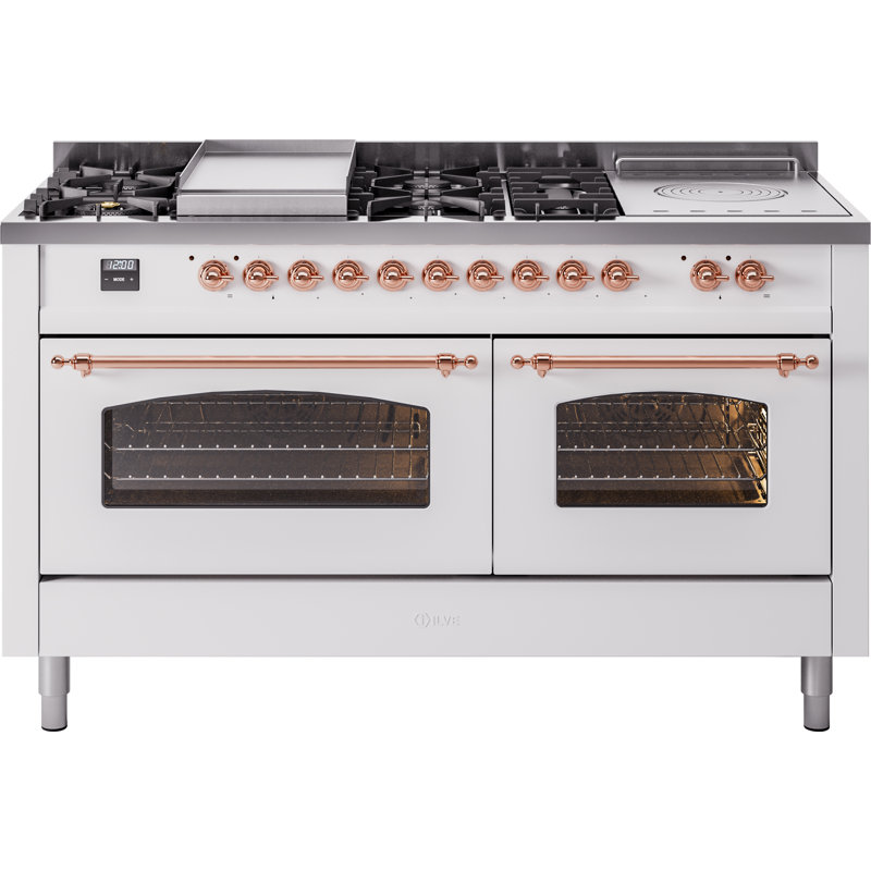 ILVE Nostalgie II 60 Dual Fuel Range, 5 Burners, Griddle, Frenchtop , Liquid Propane, Glossy Black/Brass