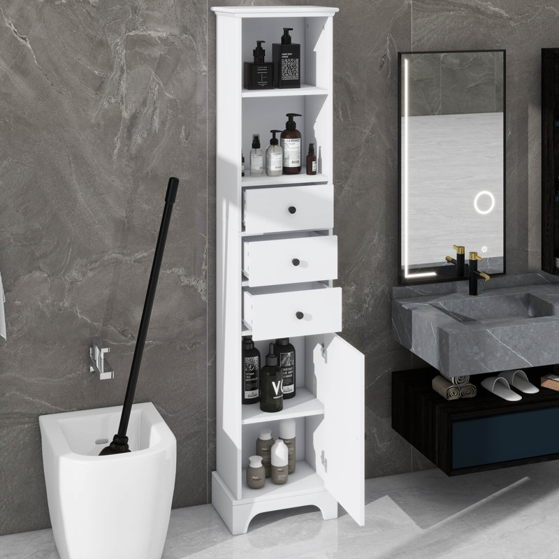 Grande armoire de rangement pour salle de bain avec 3 tiroirs, une porte et des tablettes personnalisables