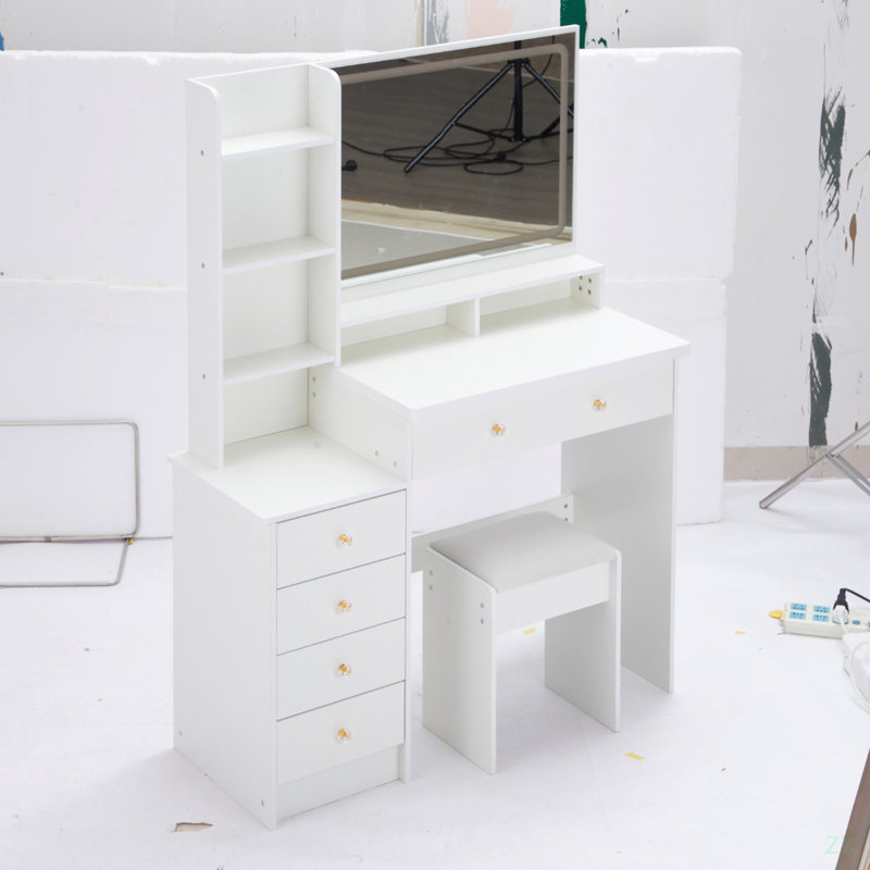 41" Large Left Bedside Cabinet Vanity Table+Cushioned Stool, Extra Large Touch Control LED Mirror, White
