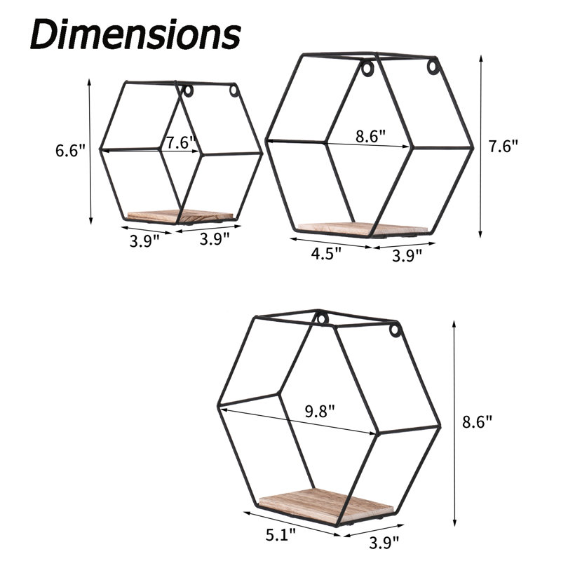 Hexagonal Wall Mounted Storage Shelves, Modern Metal And Wood Rack For Various Rooms, Save Space Beautify Black Floating Living Room Kitchen, Strong With Bold Iron Craft