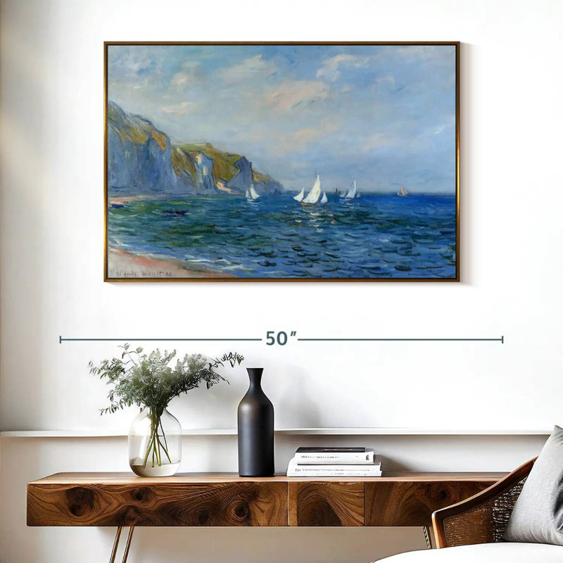 Falaises et voiliers à Pourville, 40 po x 27 po, Cadre flottant doré