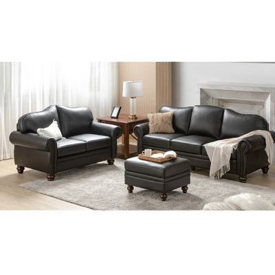 Genuine Leather 3-Piece Living Room Sectional Sofa with Leather Ottoman