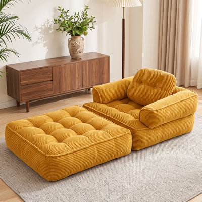 35.4" Convertible Corduroy Floor Sofa Bed, 2-in-1 Boneless Folding Lounge Chair with Armrest, No Assembly, Modular Floor Couch for Living Room, Bedroom & Game Room