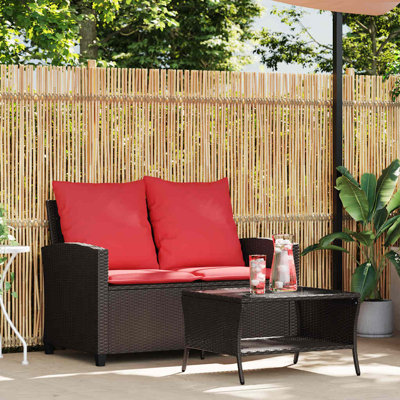  Canapé de patio 2 places avec coussins et table en rotin de polyester brun