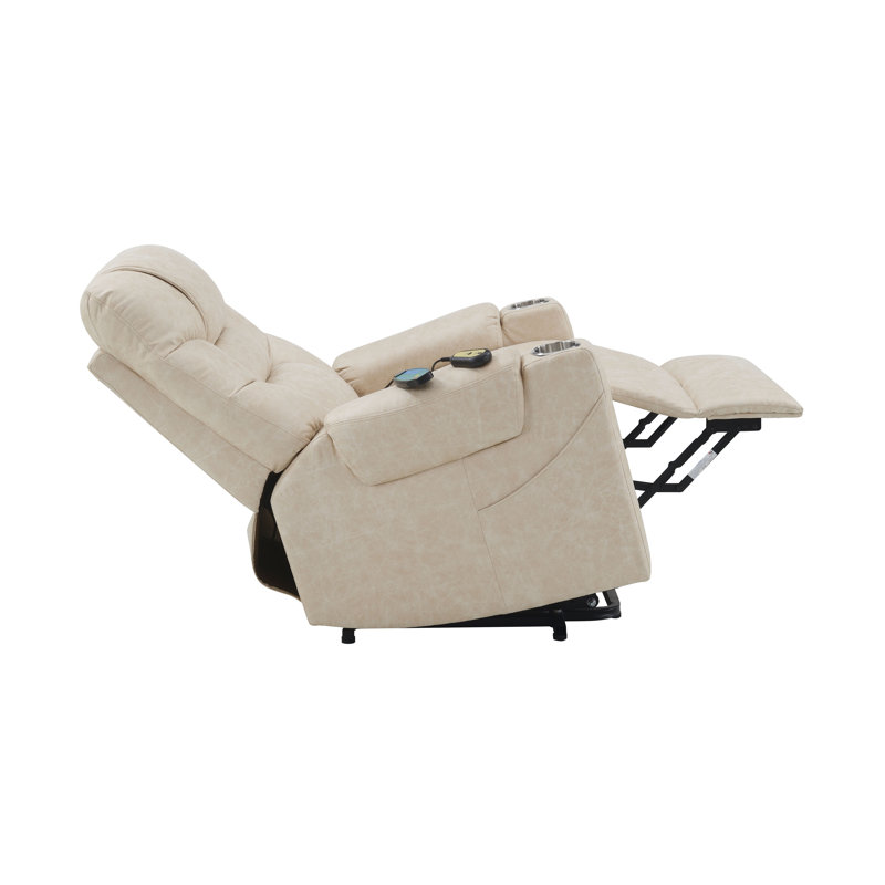 Fauteuil inclinable électrique Roxy avec chauffage et massage, revêtement en cuir ivoire, télécommande, porte-gobelets et rangement latéral