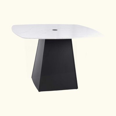 Modern Rounded Square Outdoor Pedestal Dining Table, Greek Marble-Look Sintered Stone Top, Flared Pyramid Aluminum Base, Rust-Free, Seats 4 – Patio/Deck/Poolside