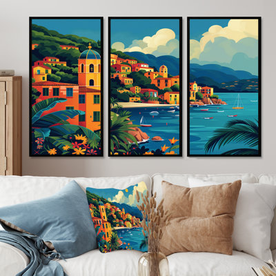 Ensemble d'art mural orange, bleu, riviera italienne, Italie