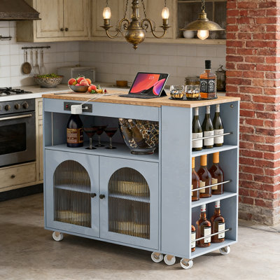 Rolling Kitchen Island with Extendable Table, LED Lighting, Power Outlets, and Fluted Glass Doors for Modern Kitchens.