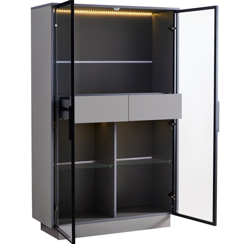 60.6'' Tall Grey Display Cabinet With Tempered Glass Door & Led Lighting - Living Room, Office, Study Storage Two Drawers And Adjustable Shelves Office Cabinet, Door, Lighting, Drawers,