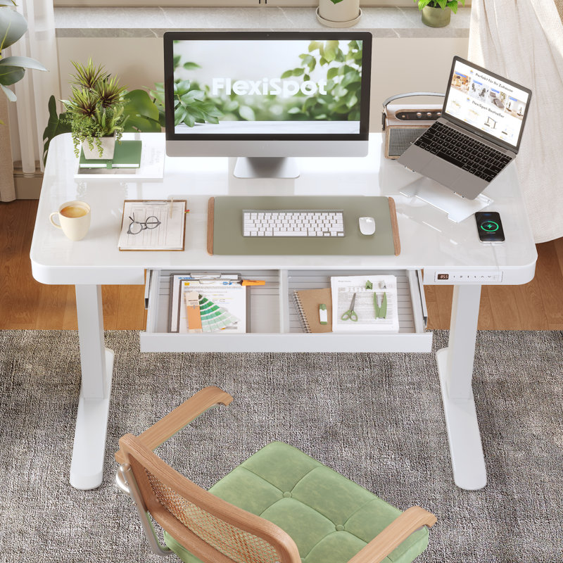 Bureau debout à hauteur ajustable avec tiroir Home Office, H 46,5 po x l 47,4 po x P 23,7 po, Blanc brillant / blanc