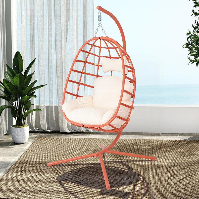 Outdoor PE Rattan Hanging Swing Chair with Heavy-duty Double Rope, White, Red