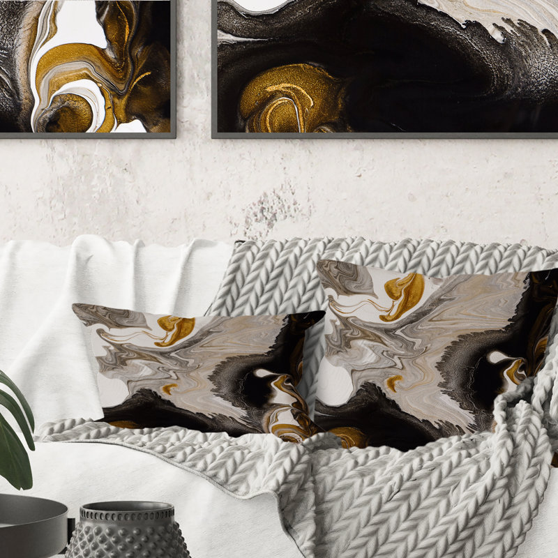 Coussin décoratif doré et noir Marble Waves IV, 18 po x 18 po