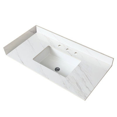 Comptoir de salle de bain en pierre frittée blanche de 31 pouces, avec dosseret de 4 po et lavabo rectangulaire, comptoir de meuble-lavabo non-absorbant - lavabo encastré