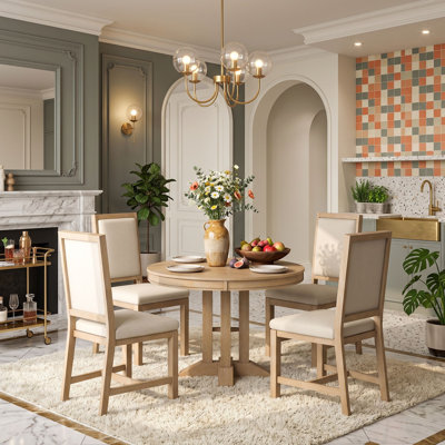 Farmhouse Extendable Round Dining Table Set with 4 Upholstered Chairs for Kitchen and Dining Room