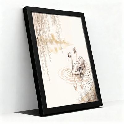 White Swans on Beige Water with Willow Branches Canvas Wall Art