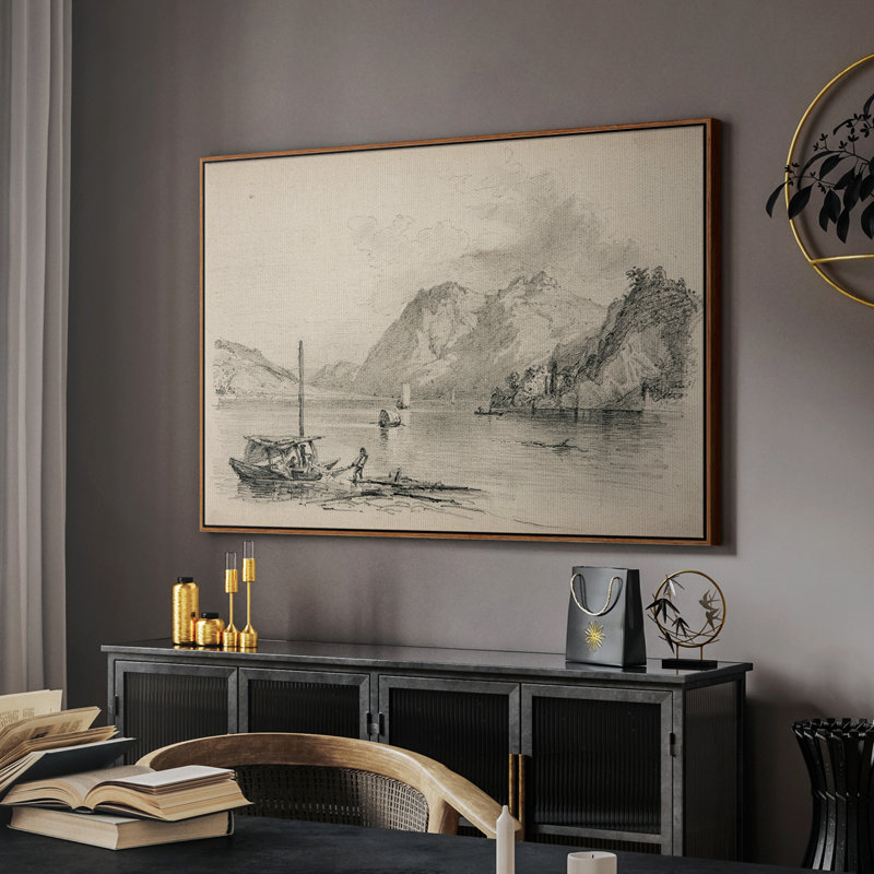 Croquis rétro-Lxxi, H 27 po x l 41 po x P 2 po, Toile encadrée noyer flottant