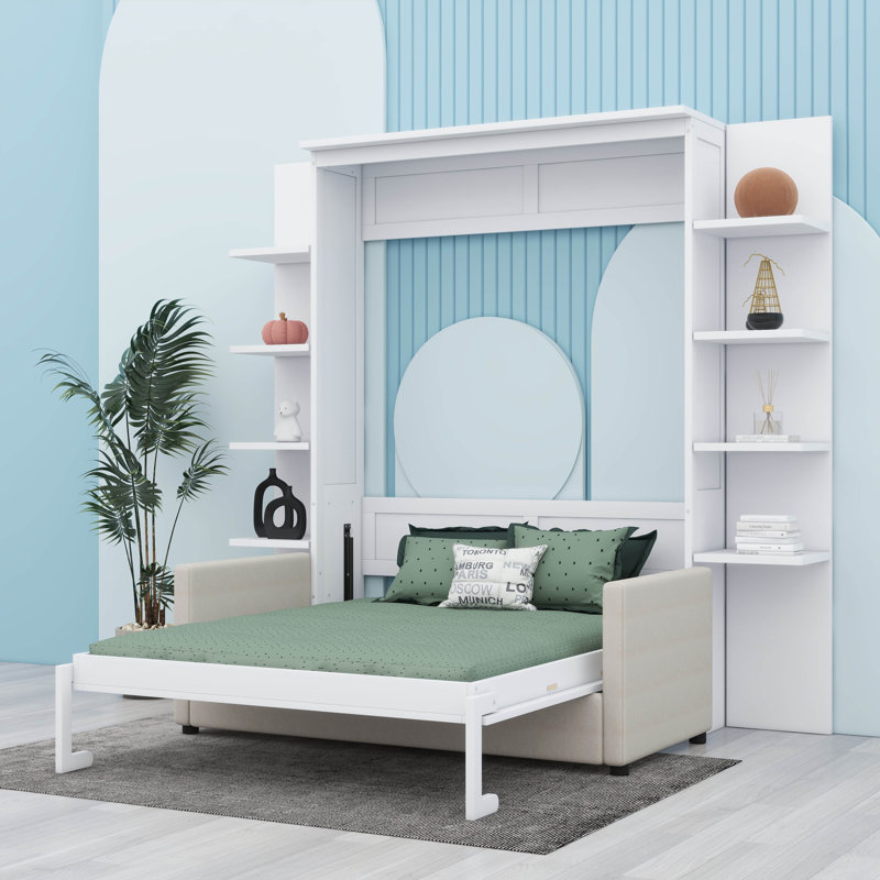 Lit escamotable mural avec canapé, tablettes de rangement et lumières DEL Murphy, Blanc