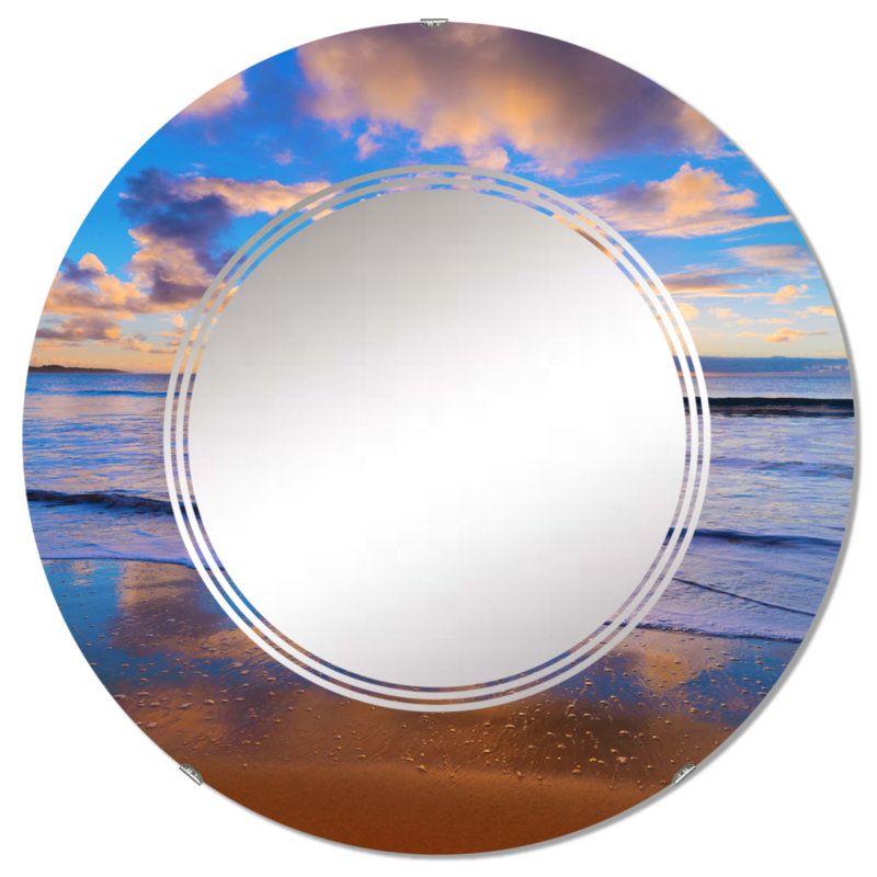 Soleil levant sur l'horizon de la plage - Miroir mural nautique et côtier rond, 24 po x 24 po