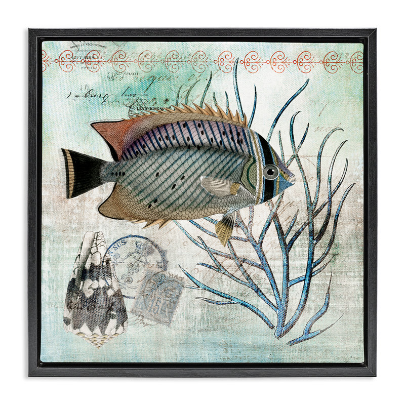 Sea Life avec des accents rétro, Cadre flottant noir de jais, H 18 po x l 18 po