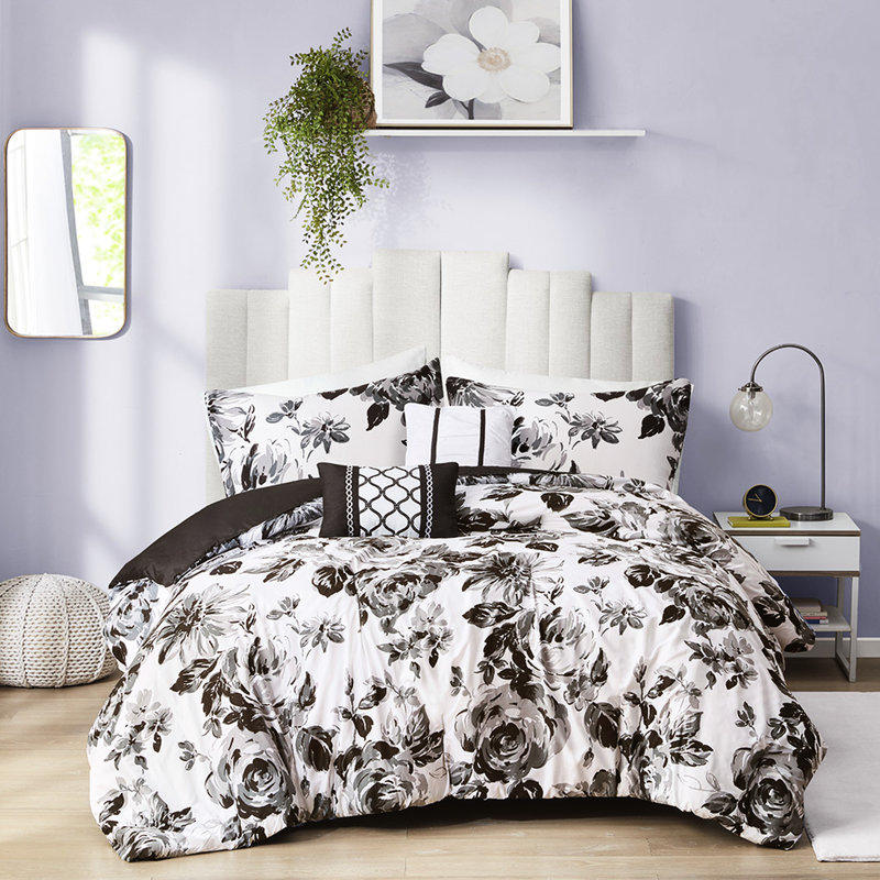 Édredon pour grand lit à imprimé floral avec couvre-oreiller noir et blanc, 2 taies décoratives assorties, coussins carrés, double / grand doux, comprend des taies décoratives