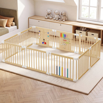 10-Panel Solid Pine Wood Baby Playpen - Foldable Safety Gate for Toddlers, Portable Play Yard & Nursery Room Divider, Natural Finish