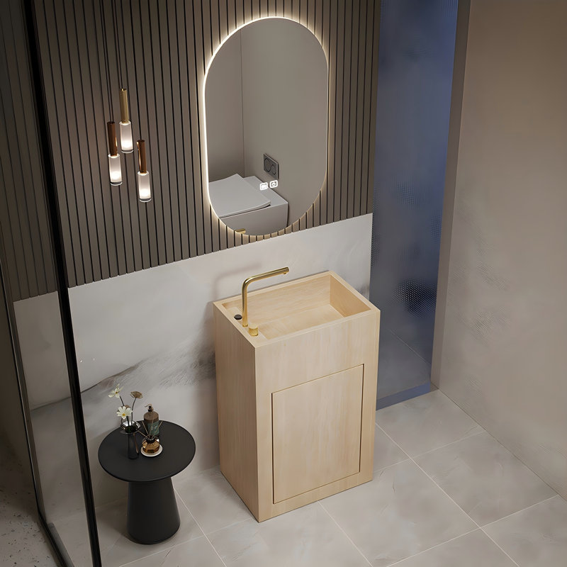 Meuble-lavabo à piédestal intégré en pierre naturelle de style naturel pour petits espaces, Naturel, Naturel