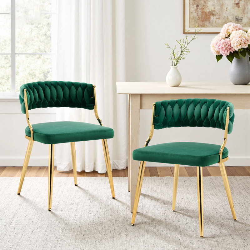 Christal 2 Piece Tufted Velvet Curved Weaved Back with Metal Legs Side Dining Chair Set, Dark Green