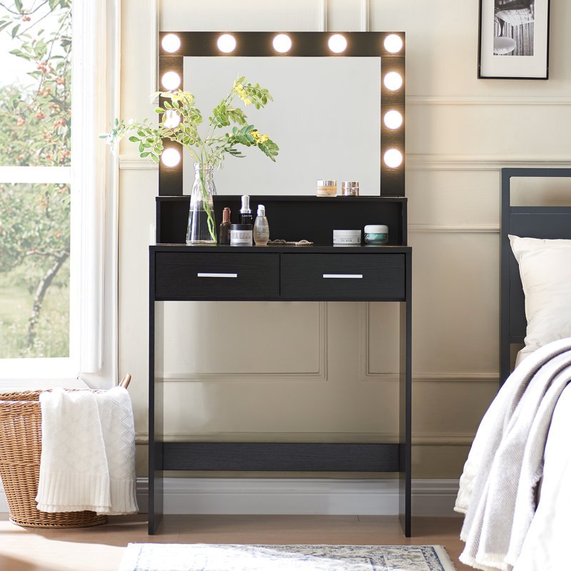 Bureau de coiffeuse de chambre à coucher avec miroir, lumières, rangement à 2 niveaux, grand tiroir - Miroir de table additionnel captivant et pour merveilleux
