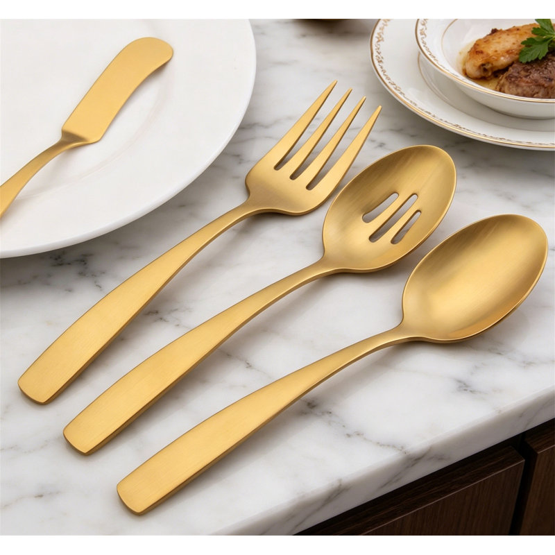 5-Piece Matte Gold Satin Finish Stainless Steel Hostess Serving Set, Dishwasher Safe